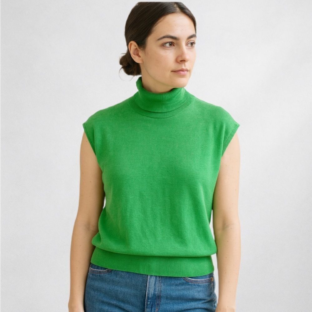 Ann Taylor Sweater Women's Large Green Knit Sleeveless Turtleneck Banded Hem 17